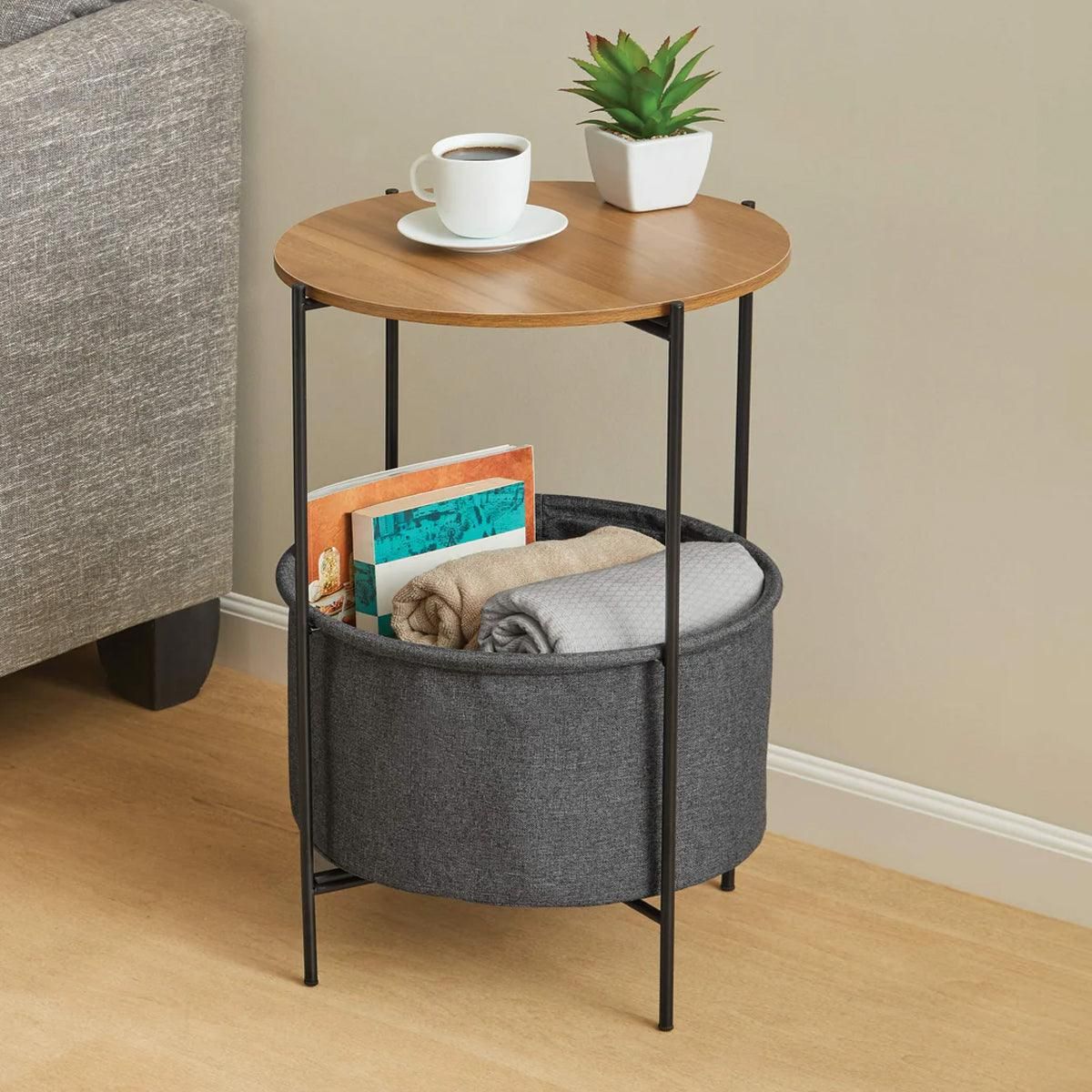 Round Side Table Bedside Storage Basket Modern Home Table with Storage Organizer