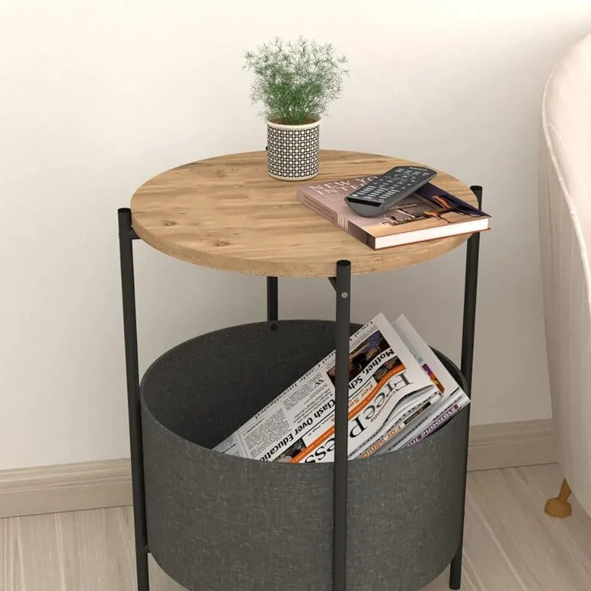 Round Side Table Bedside Storage Basket Modern Home Table with Storage Organizer