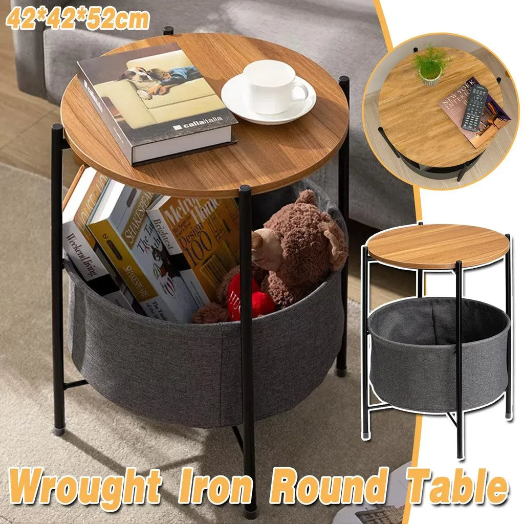 Round Side Table Bedside Storage Basket Modern Home Table with Storage Organizer