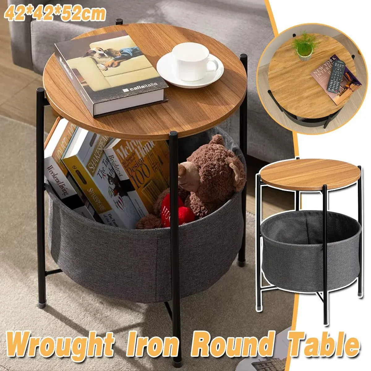 Round Side Table Bedside Storage Basket Modern Home Table with Storage Organizer