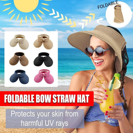 Women Roll Up Sun Visor Wide Brim Straw Hat Summer Foldable UV Protection Cap - Rose Red