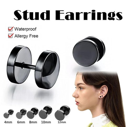 Pair Black Flat Round Barbell Plug Stud Earrings Stainless Steel Mens Gym 4-12Mm - 8mm