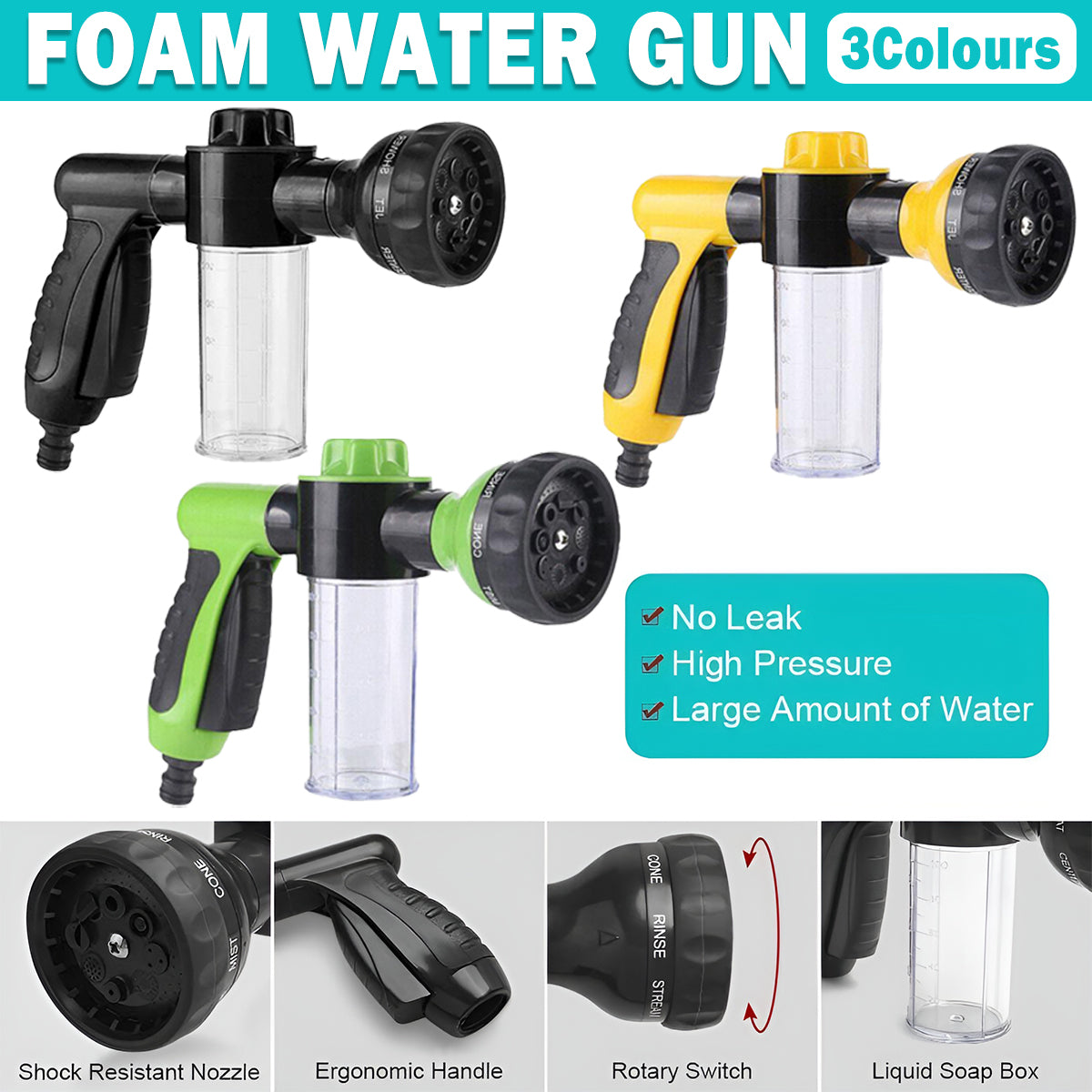 Washing Nozzle Plant Pet Hose 8-Mode Garden Car Water Foam Sprayer Soap Dispenser - Yellow