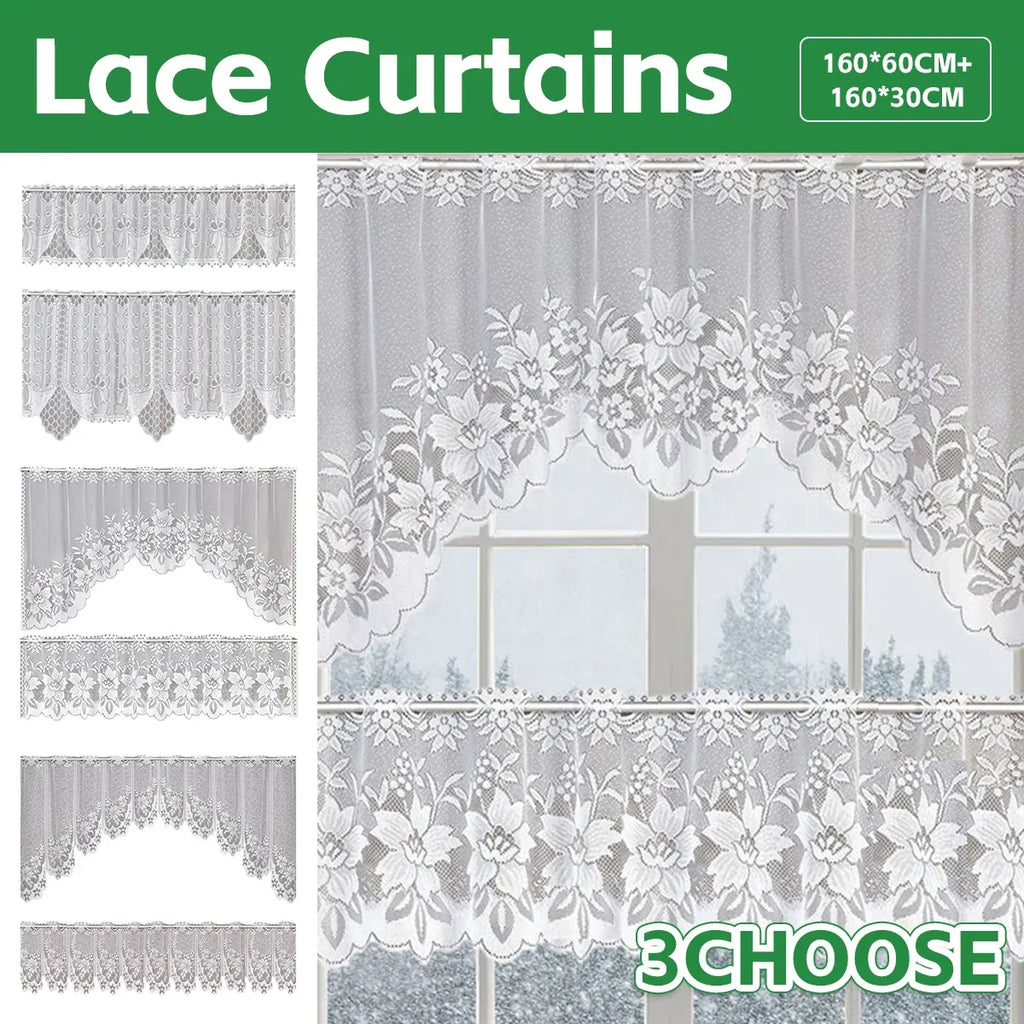 White Lace Window Curtain Short Tier Panel for Kitchen Bathroom - Morning glory