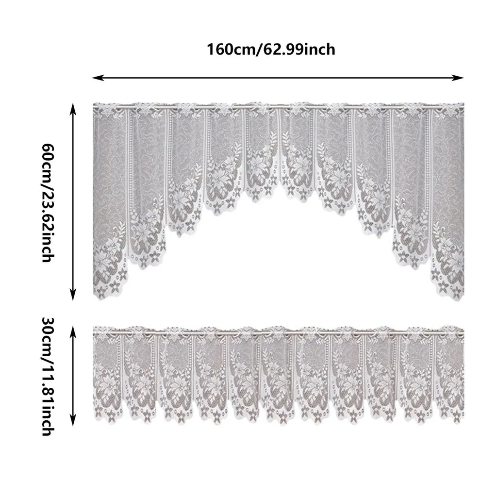 White Lace Window Curtain Short Tier Panel for Kitchen Bathroom - Morning glory