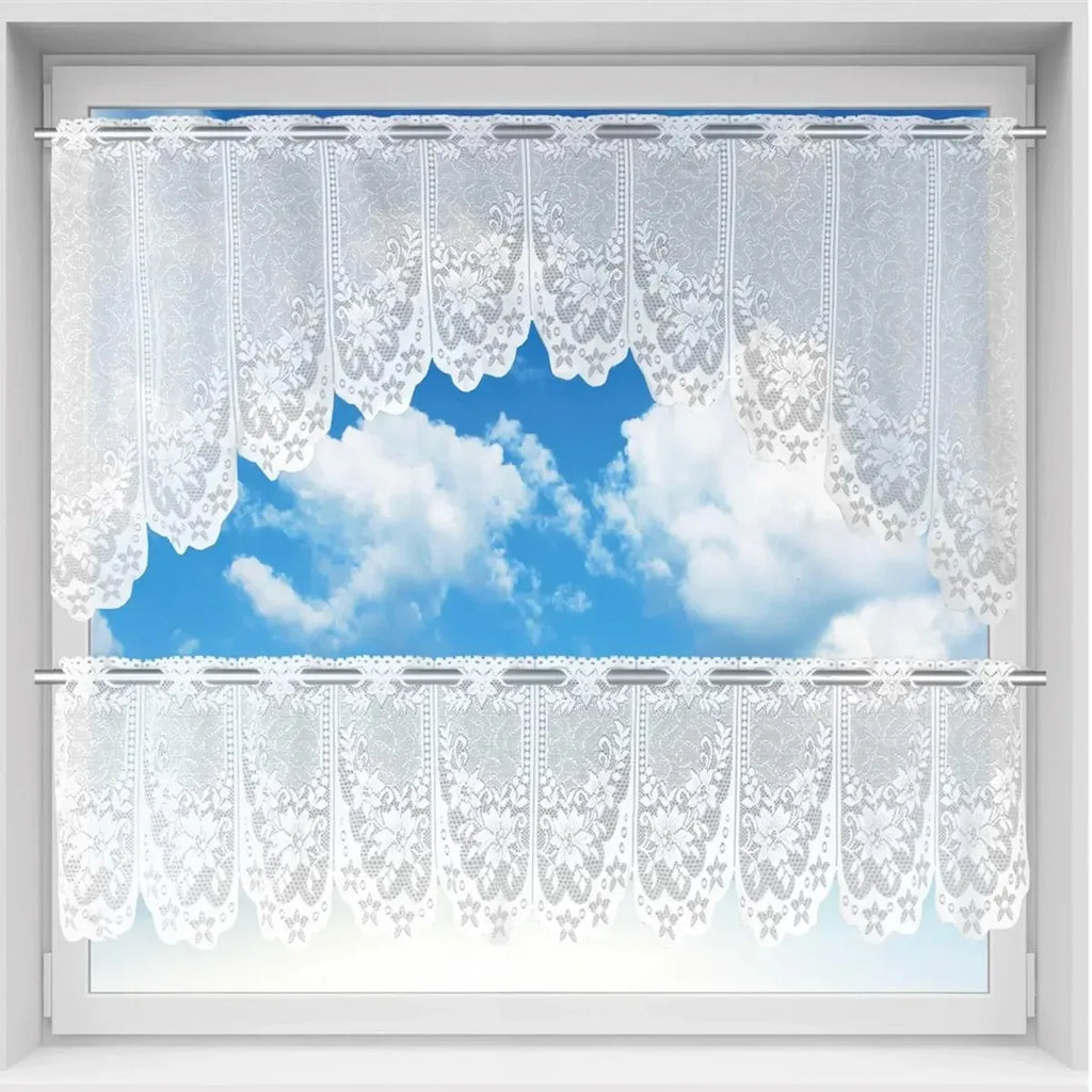 White Lace Window Curtain Short Tier Panel for Kitchen Bathroom - Morning glory