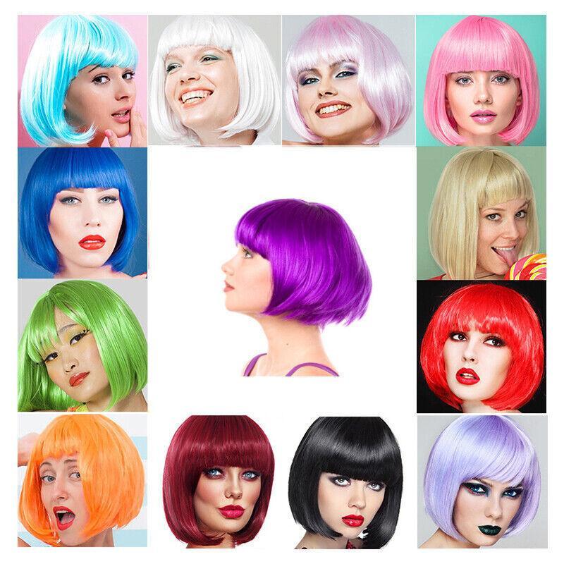 Short Bob Wig with Bangs for Women Synthetic Cosplay Party Hair in 14 Colours - Dark Pink