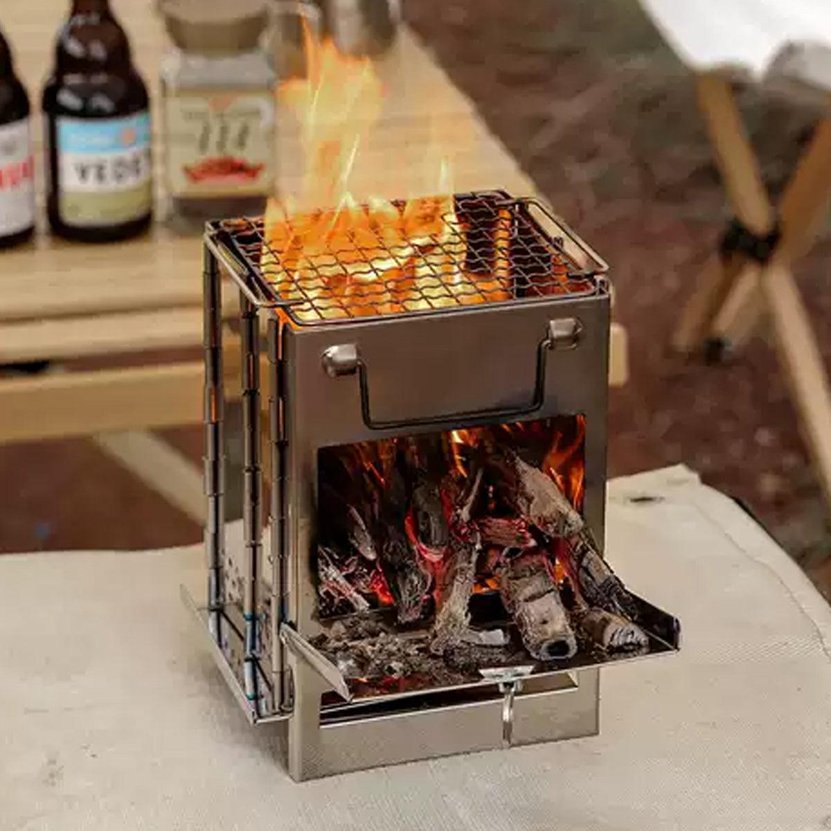 Square Wood Stove Mini Folding Grill Outdoor Camping Portable BBQ Cooking Rack