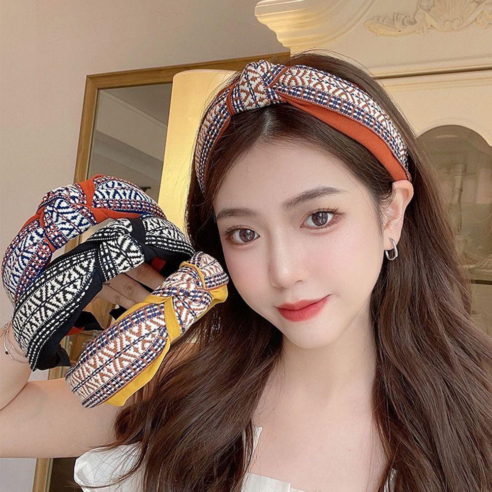 Women Lady Retro Boho Embroidery Cotton Wide Hair Headband Head Wrap Band hoop - Green