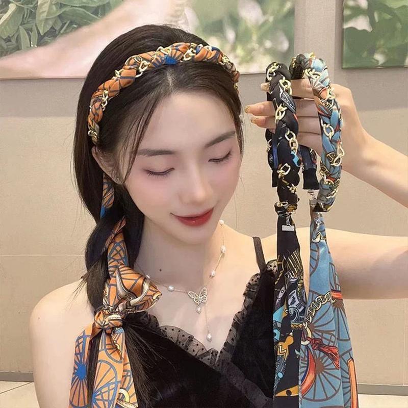 Chains patterned satin headband with Long Scarf Headband Scarf Hair Accessories - Orange