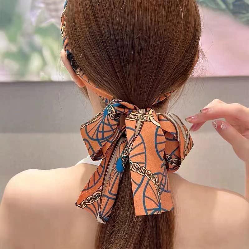 Chains patterned satin headband with Long Scarf Headband Scarf Hair Accessories - Orange