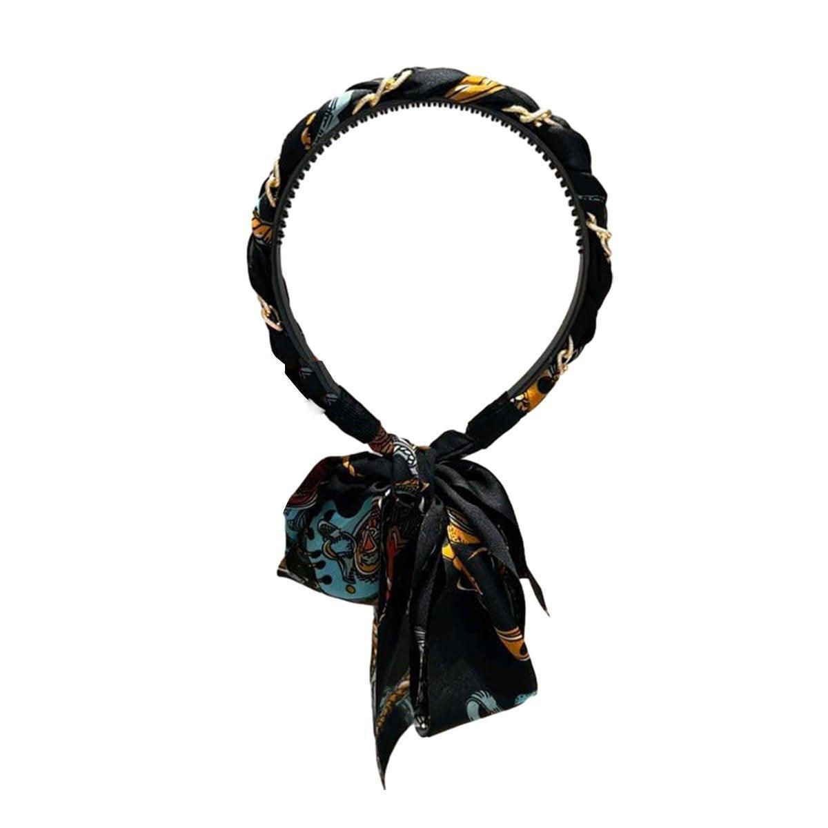 Chains patterned satin headband with Long Scarf Headband Scarf Hair Accessories - Orange