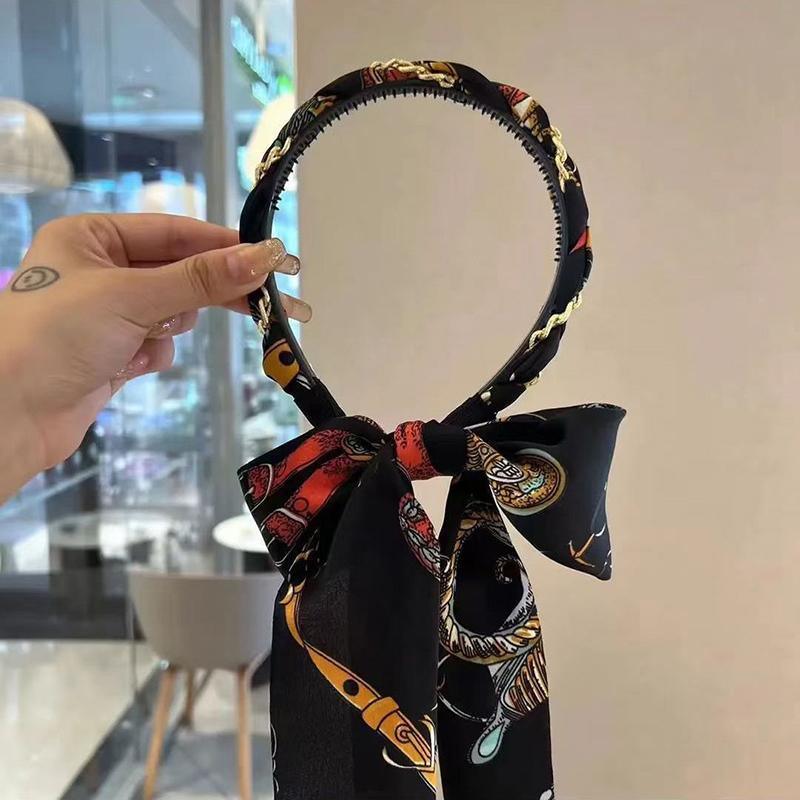 Chains patterned satin headband with Long Scarf Headband Scarf Hair Accessories - Blue
