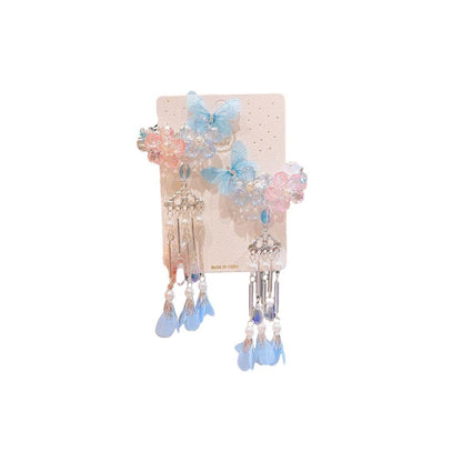 2Pcs Hanfu Flower Hair Clip with Pearl Tassel Butterfly Hairpin for Women and Girls Party - E002