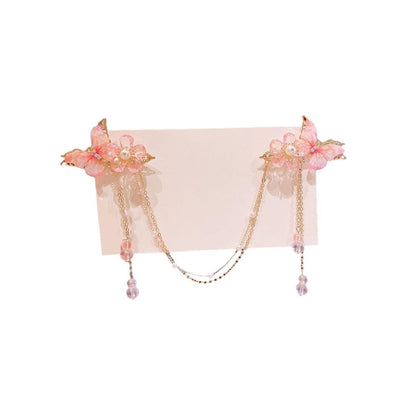 2Pcs Hanfu Flower Hair Clip with Pearl Tassel Butterfly Hairpin for Women and Girls Party - E002