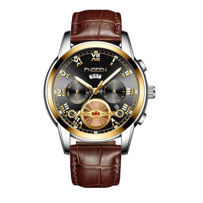 Men Multi-function Quartz Watch with Brown Leather Strap and Gold Black Dial