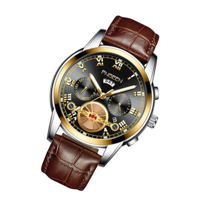 Men Multi-function Quartz Watch with Brown Leather Strap and Gold Black Dial