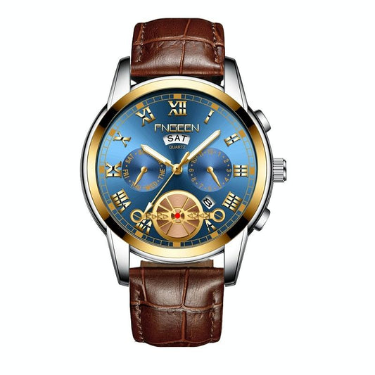 Men Multi-function Quartz Watch with Brown Leather Strap and Gold Blue Dial