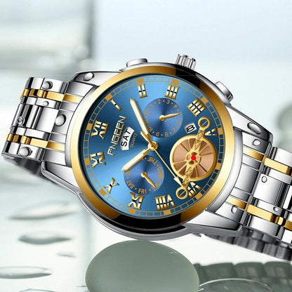 Men Multi-function Quartz Watch with Brown Leather Strap and Gold Blue Dial