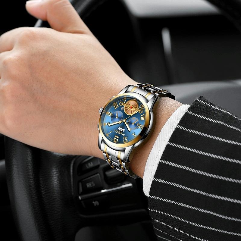 Men Multi-function Quartz Watch with Brown Leather Strap and Gold Blue Dial