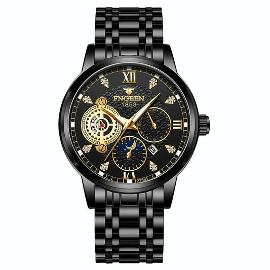 Men Three-eye Hollow Quartz Sports Watch - Black Steel Black Surface Gold Nails