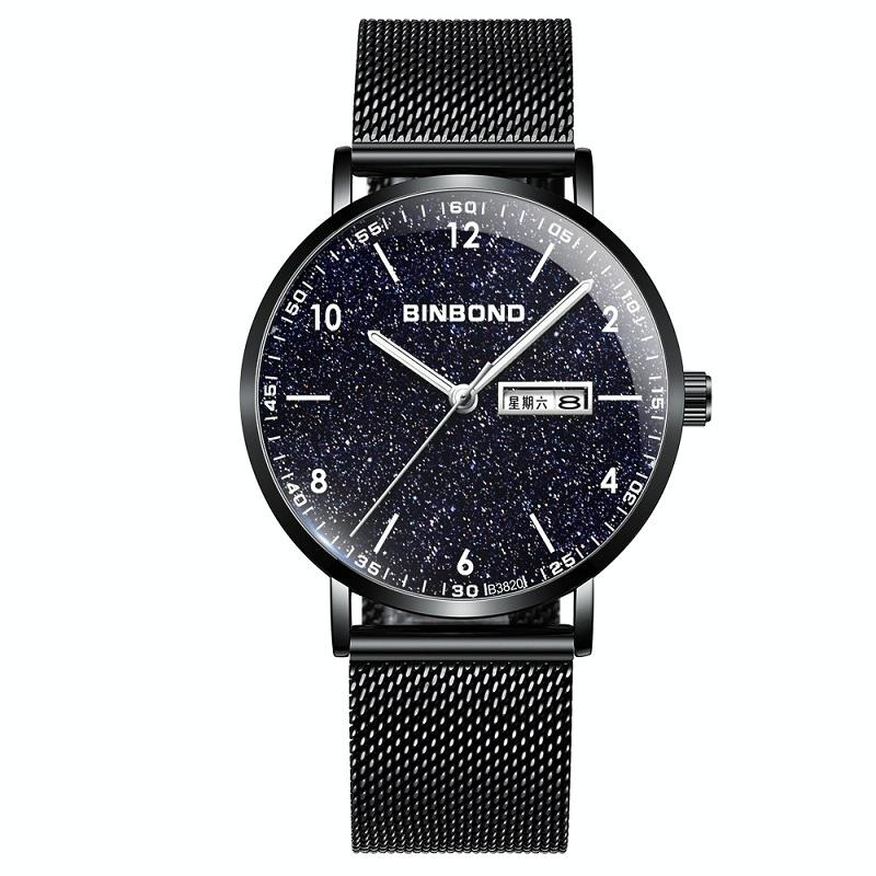 Starry Sky Pattern Quartz Watch for Men - Simple & Luminous - Black Mash Black Shell White Nails