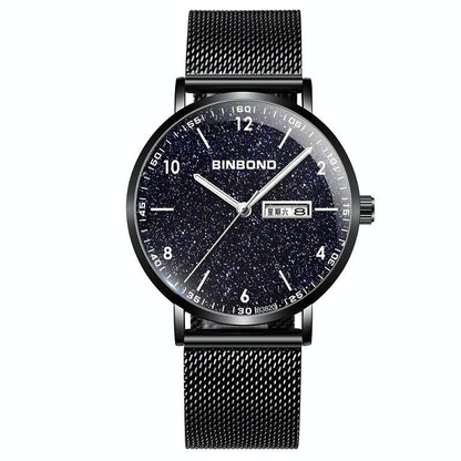Starry Sky Pattern Quartz Watch for Men - Simple & Luminous - Black Mash Black Shell White Nails