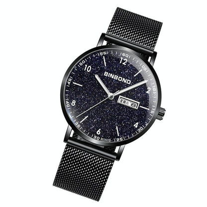 Starry Sky Pattern Quartz Watch for Men - Simple & Luminous - Black Mash Black Shell White Nails
