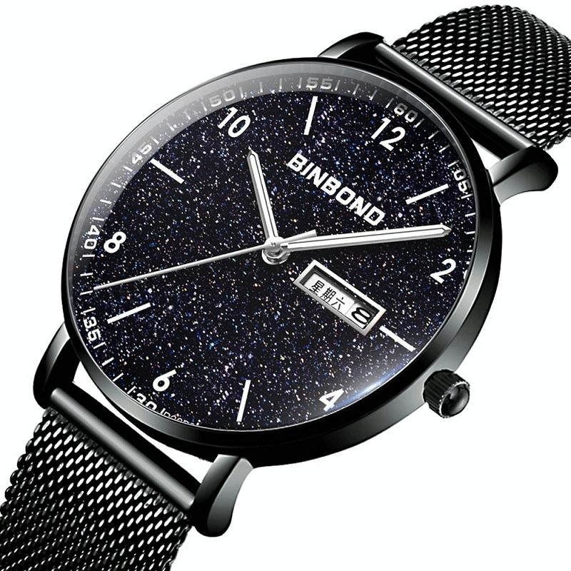 Starry Sky Pattern Quartz Watch for Men - Simple & Luminous - Black Mash Black Shell White Nails