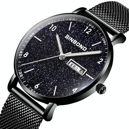 Starry Sky Pattern Quartz Watch for Men - Simple & Luminous - Black Mash Black Shell White Nails