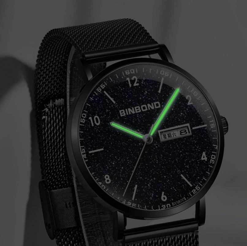 Starry Sky Pattern Quartz Watch for Men - Simple & Luminous - Black Mash Black Shell White Nails