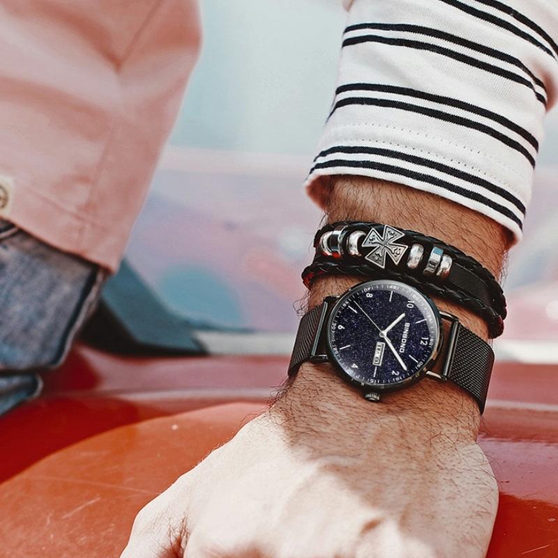 Starry Sky Pattern Quartz Watch for Men - Simple & Luminous - Black Mash Black Shell White Nails