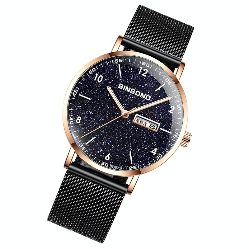 Starry Sky Pattern Quartz Watch for Men - Simple & Luminous - Black Mash Black Shell White Nails