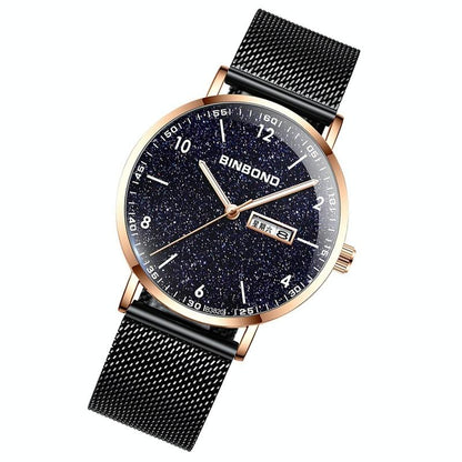 Starry Sky Pattern Quartz Watch for Men - Simple & Luminous - Black Mash Black Shell White Nails