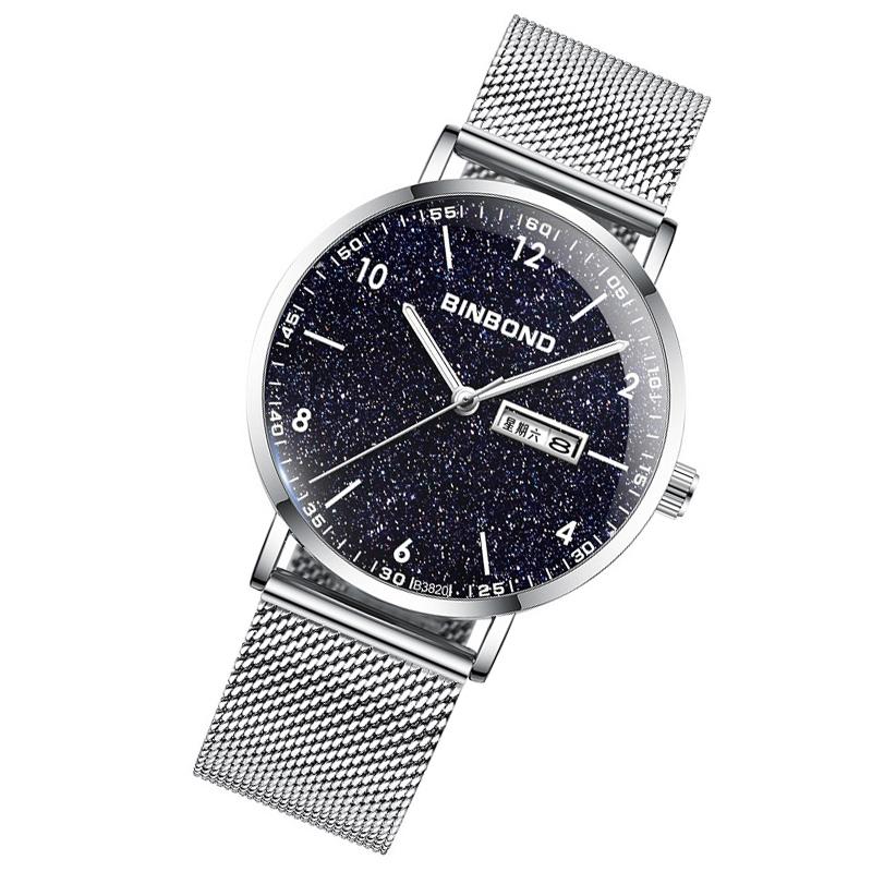 Starry Sky Pattern Quartz Watch for Men - Simple & Luminous - Black Mash Black Shell White Nails