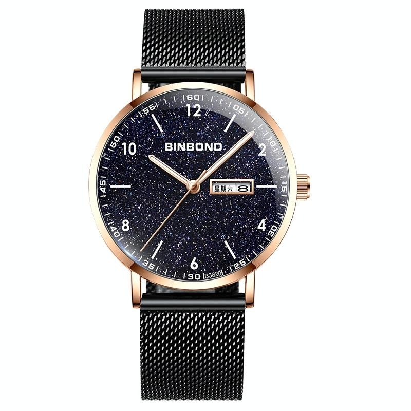 Starry Sky Pattern Quartz Watch for Men - Simple & Luminous - Black Mash Black Shell White Nails