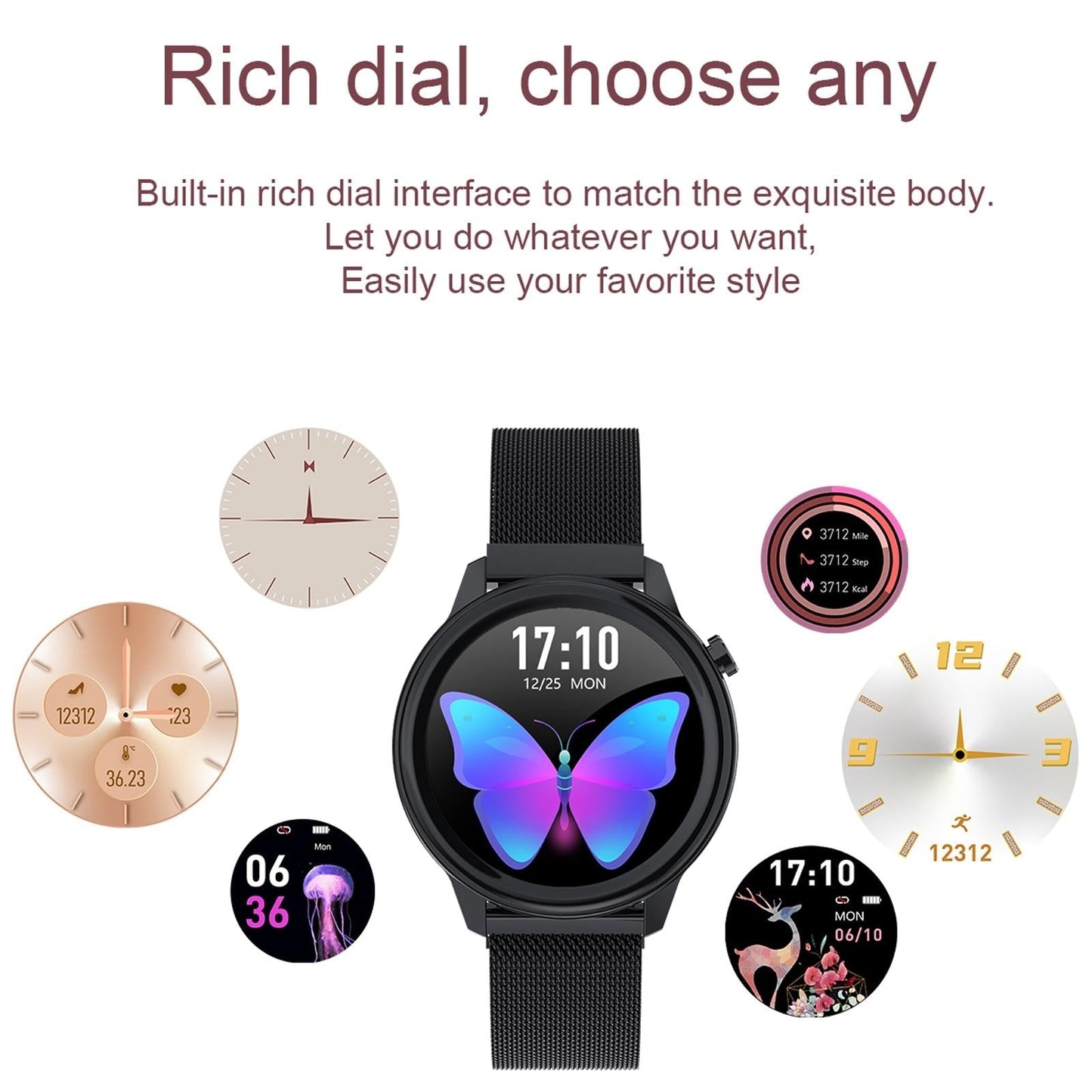 1.3 Inch Tft Colour Screen Ip68 Waterproof Women Smart Watch Support Body Temperature Monitor / Blood Pressure Monitor / Menstrual Cycle Reminder Black