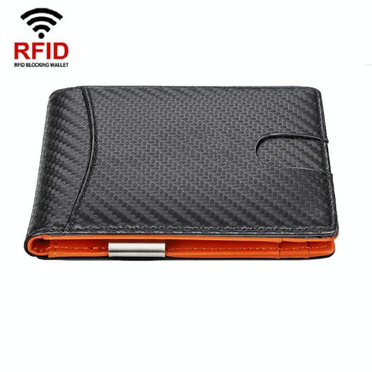 Men Vintage Leather Rfid Wallet - Carbon Fiber Orange Inside