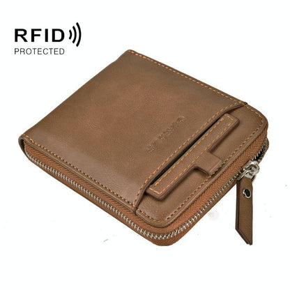 Men Retro Rfid Zip Wallet - Zipper Closure - Brown