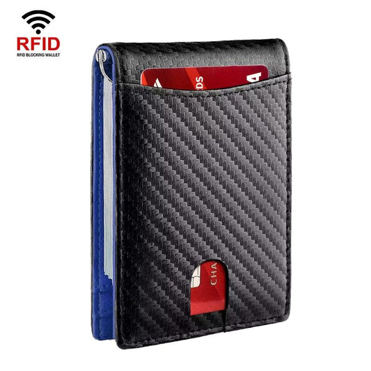Rfid-protected Leather Wallet - Carbon Fiber Blue Inside