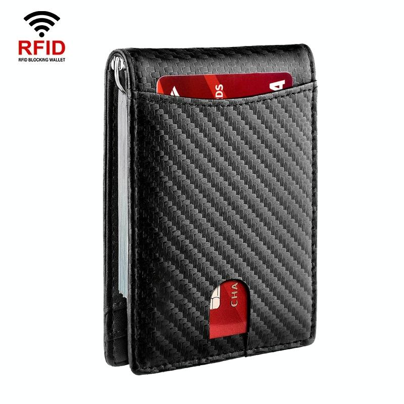Rfid-protected Leather Wallet - Carbon Fiber Blue Inside