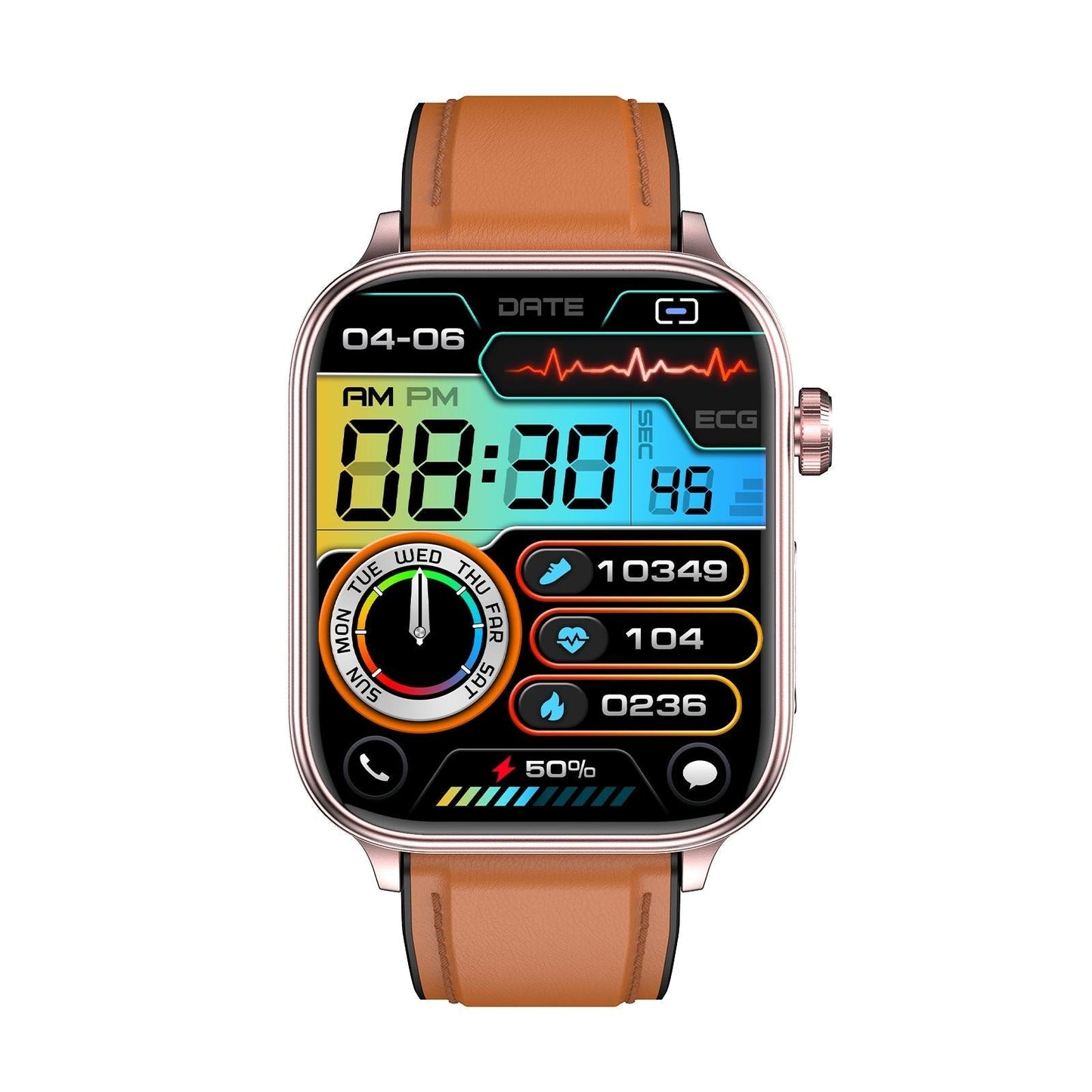 1.96 Inch Colour Screen Smart Watch Leather Strap Support Bluetooth Call / Ecg - Brown