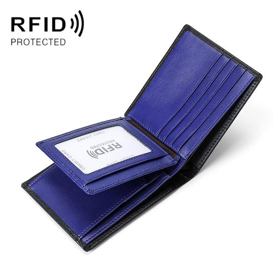 Leather Rfid Blocking Tri-fold Wallet - Blue