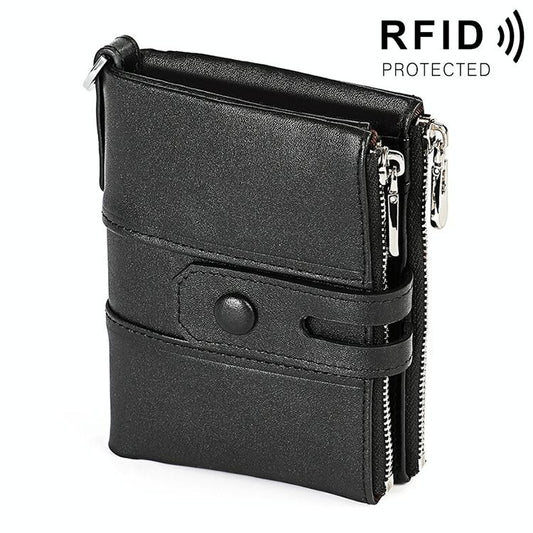 Men Retro Texture Double Zip Rfid Wallet - Anti-magnetic - Black