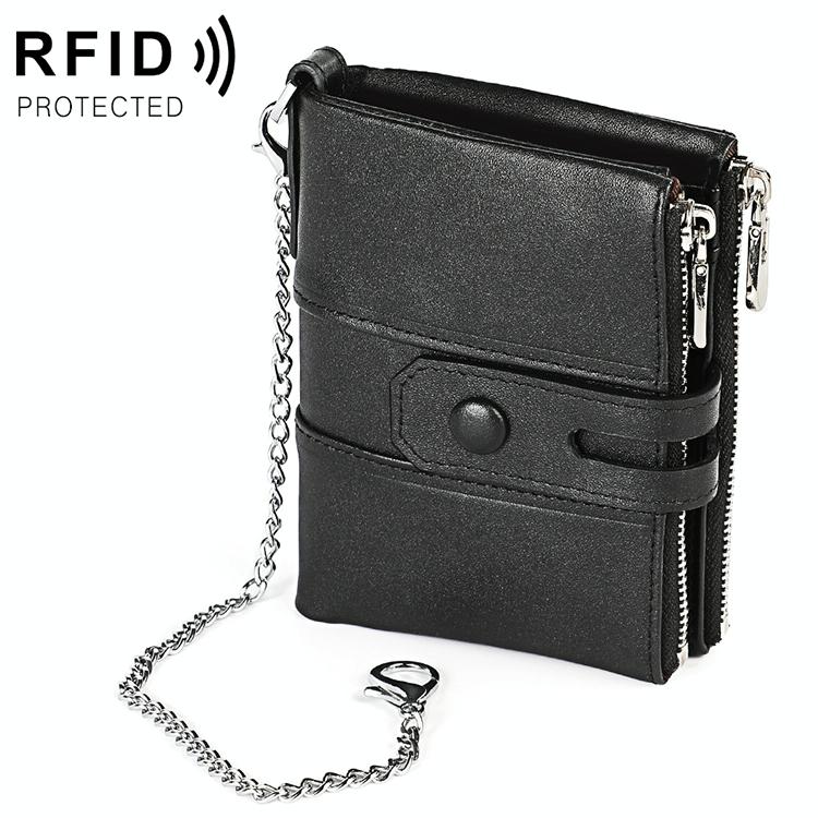 Double Zip Rfid Chain Wallet with Card Slots - Black