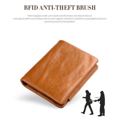 Men Rfid Leather Tri-fold Wallet - Genuine Leather - Brown