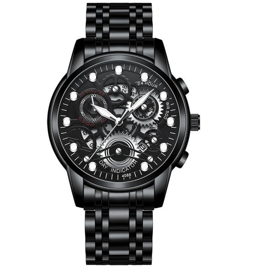 Waterproof Luminous Men Quartz Watch - Hollow Design - Black Steel Black Surface White Nails
