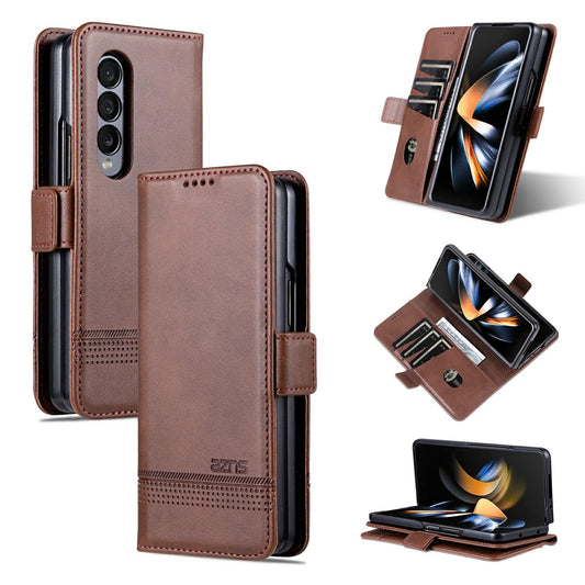 For Samsung Galaxy Z Fold4 5G Leather Magnetic Phone Case - Calf Texture - Dark Brown
