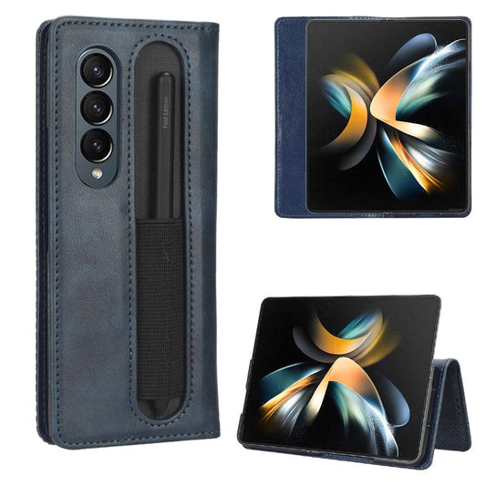 For Samsung Galaxy Z Fold4 5G Vintage Leather Phone Case With Magnetic Buckle - Blue