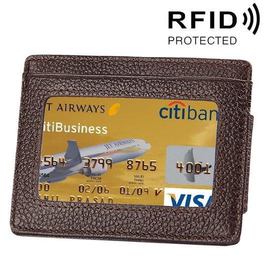 Leather Rfid Blocking Card Holder Wallet with 3 Slots and Pocket - Coffee